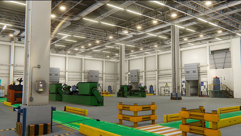 Risk Farkındalığı oyunundan: yaya yolları ve koruma bariyerleriyle işaretlenmiş fabrika sahnesi.